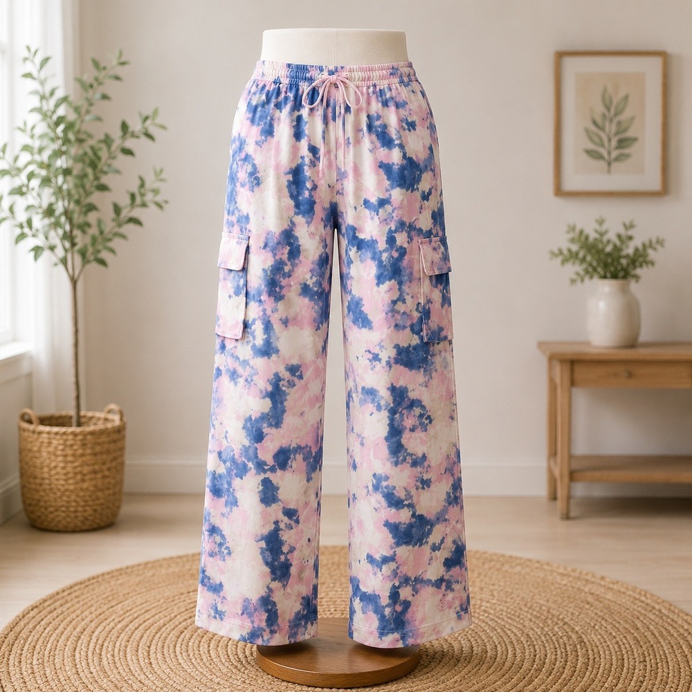 NEW Cuddl Duds Cargo Lounge Pants Medium Blue Pink Tie Dye Wide Leg Pockets